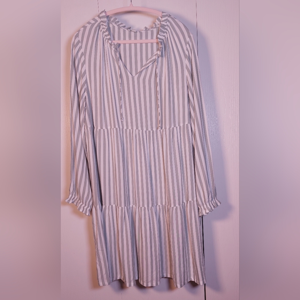Dip Striped Tiered Dress Size XL Eco Friendly Flowy Green White Cottagecore Boho